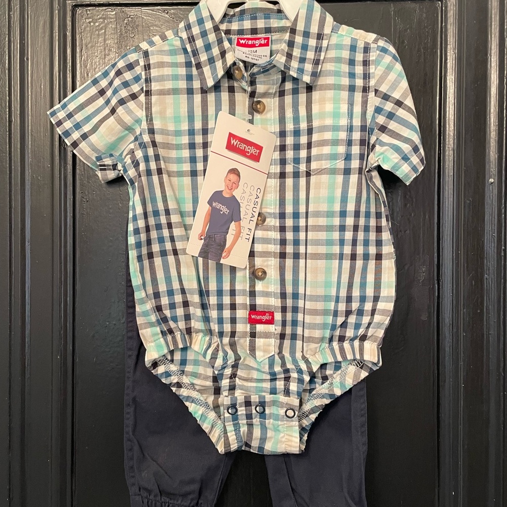 Wrangler Blue and Green Plaid Kids Bodysuit and Pants